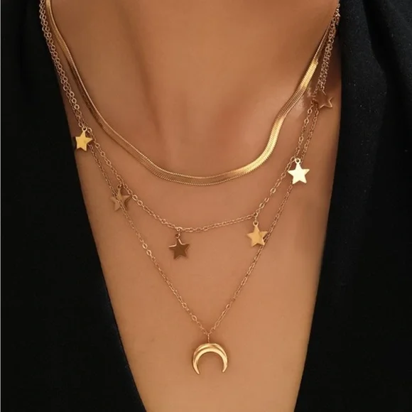 New 18k Gold Plated Stars & Crescent Moon Pendant Layered Necklace - Picture 1 of 2